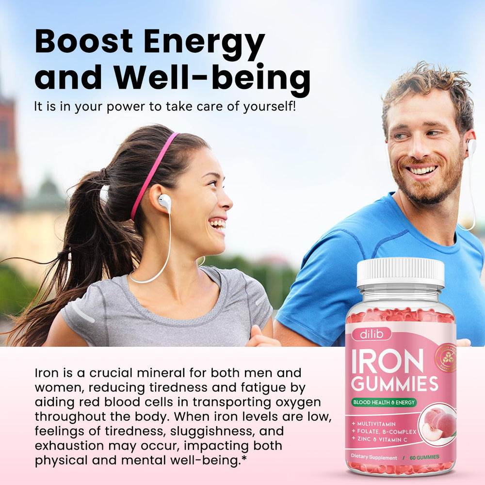 Dilib Iron Gummies close-up texture suggests smooth, stomach-friendly chew.
