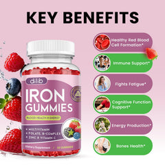 Dilib Iron Gummies nutrient panel closeup showing vitamins and minerals.