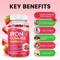 Dilib iron gummies texture spill highlighting chewable form for on-the-go use.