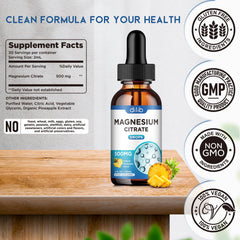 Dilib magnesium citrate liquid drops vegan formula shown with glass emphasizes plant-based benefits.