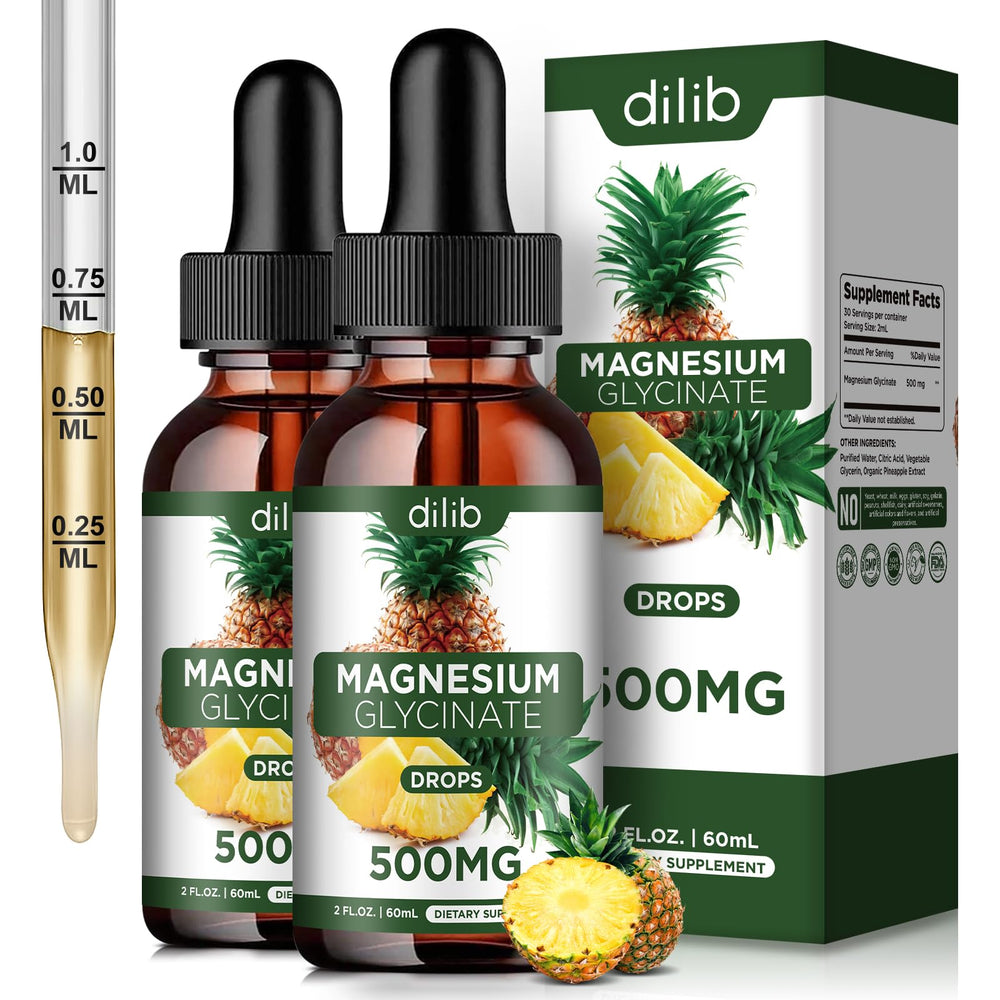 Dilib Magnesium Glycinate Drops bottle highlights pineapple flavor and high absorption.