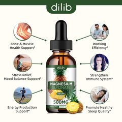 Dilib Magnesium Glycinate Drops label confirms vegan, gluten-free, non-GMO ingredients.