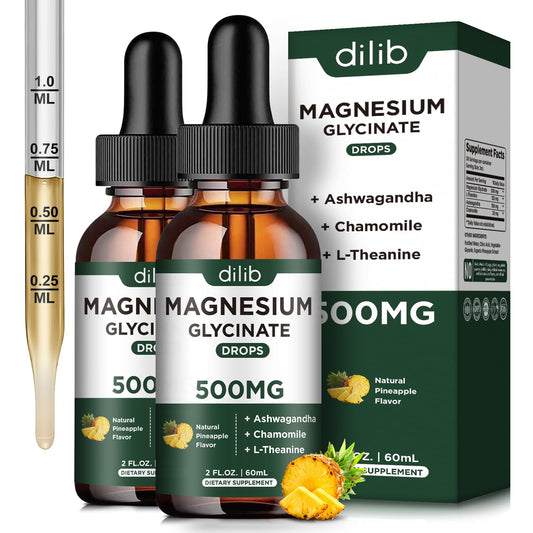 Dilib magnesium glycinate liquid drops bottle front label, showcasing vegan calm-support formula for daily use.