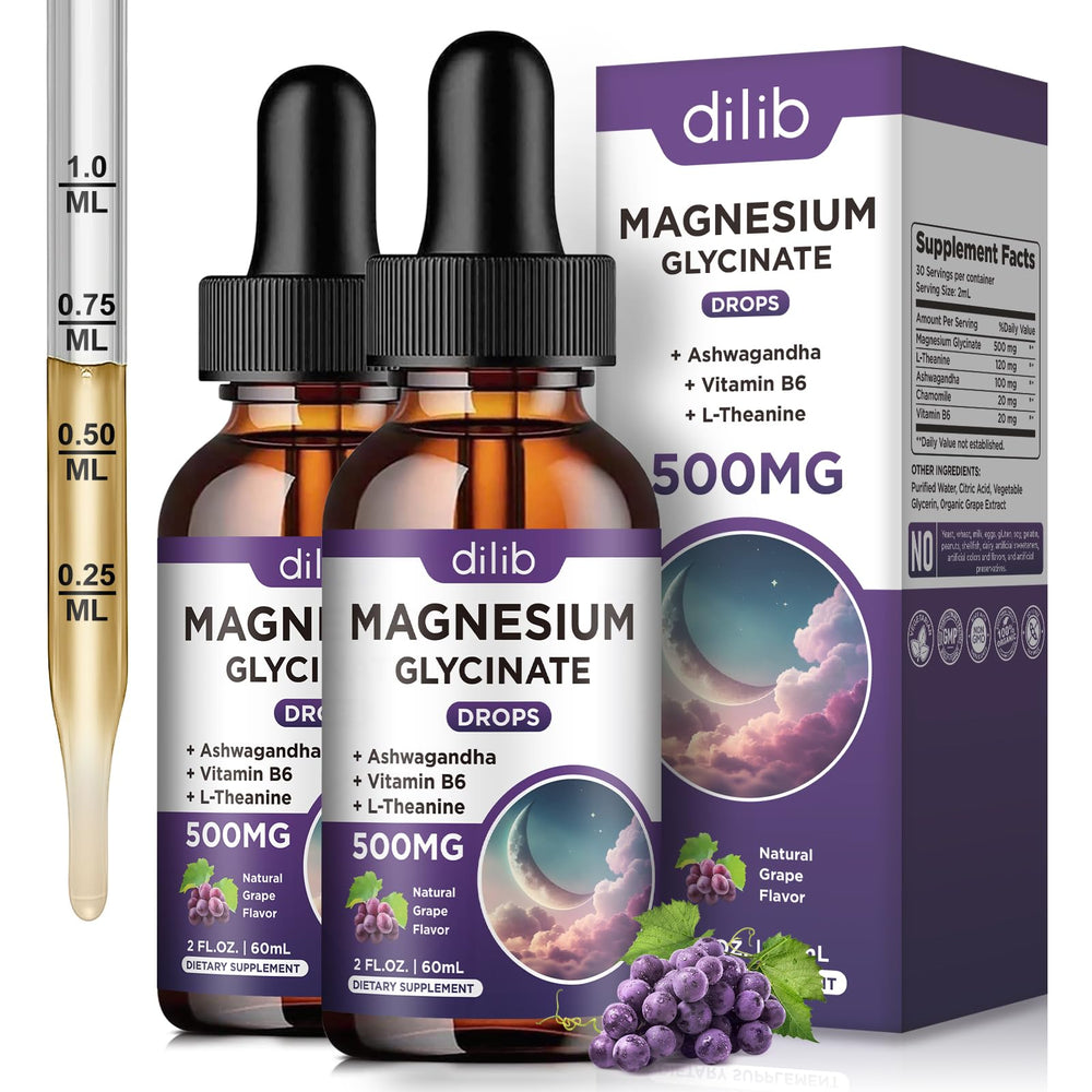 Dilib magnesium glycinate liquid drops bottle shows high-absorption formula for daily wellness.
