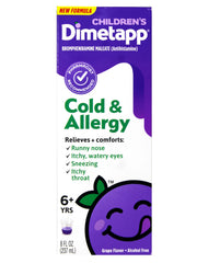 Dimetapp grape-flavored liquid with dosing syringe demonstrates kid-friendly administration.