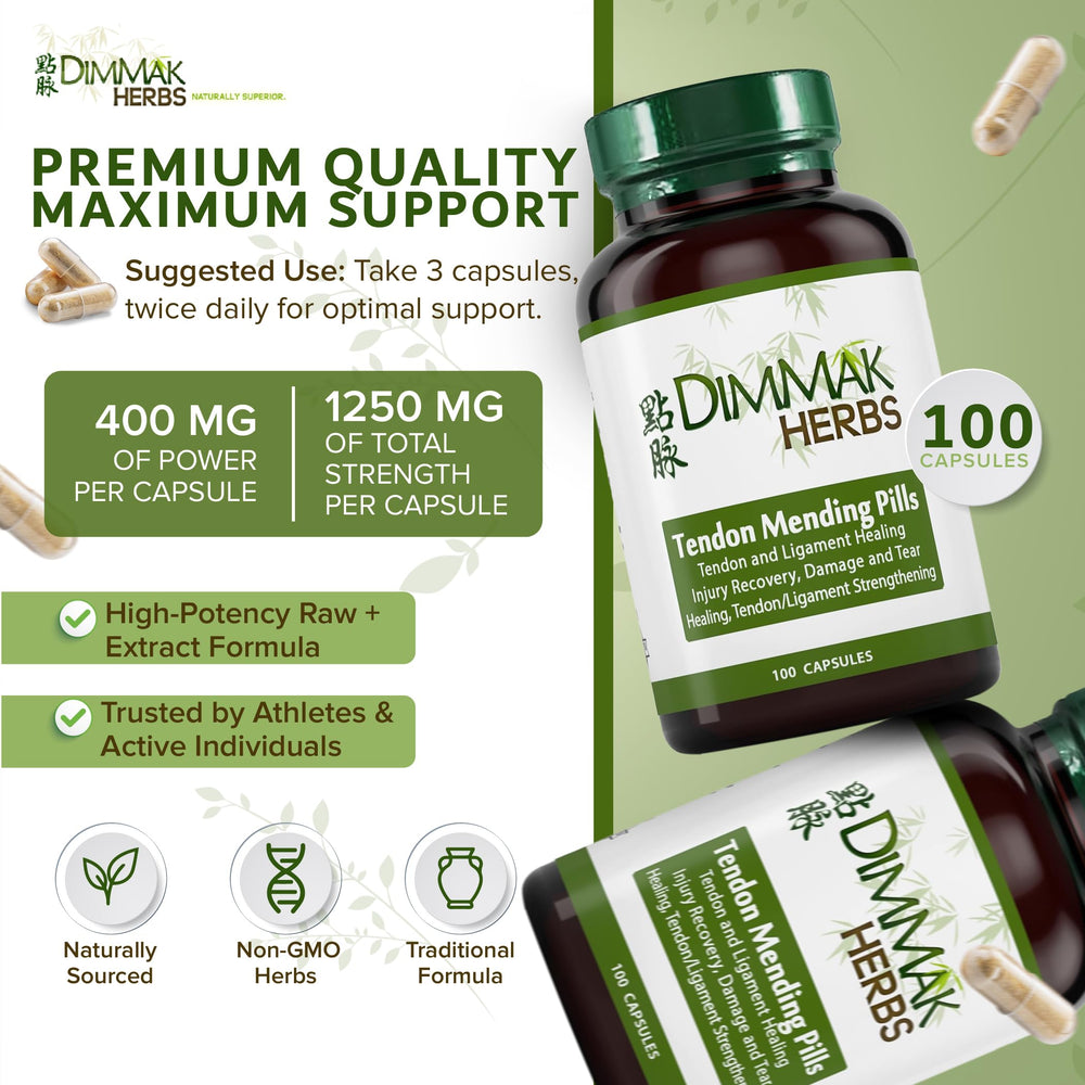 Dimmak Herbs Tendon Mending ingredients Mu Gua and Sang Zhi in formula for tissue support.