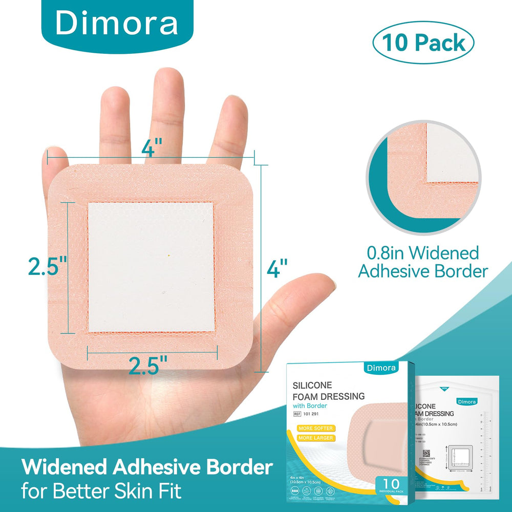 Dimora adhesive dressing on dry skin close-up for easier removal and less trauma.
