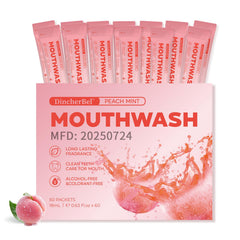 DincherBel peach mint mouthwash packets ready for travel in a box for on-the-go freshness.