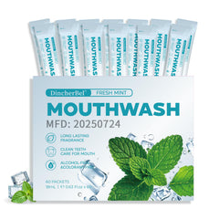 DincherBel travel mouthwash box with 60 sachets for convenient trips.