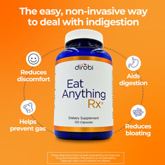 Dirobi Eat Anything capsules closeup highlighting easy-to-take digestive enzymes benefits.
