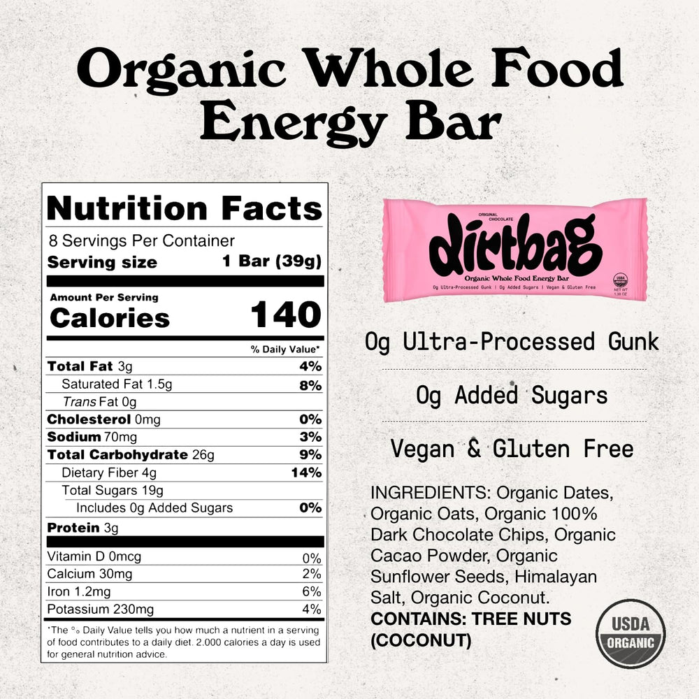 Close-up of Dirtbag Bar organic ingredients, highlighting dates, oats, and nuts.