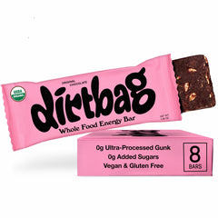 Dirtbag Bar Original Chocolate packaging visible, convenient energy for workouts.