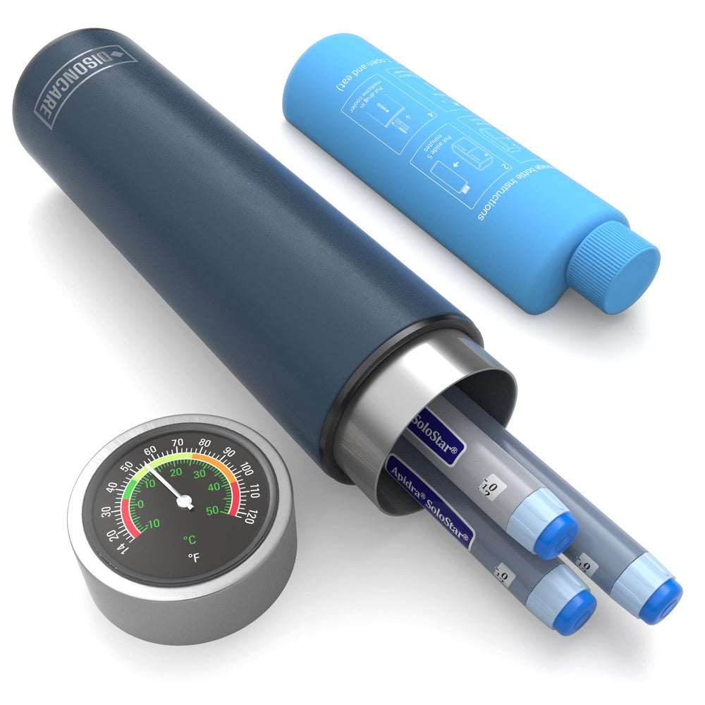 DISONCARE Odyssey 60H insulin cooler dark blue front view keeps three pens organized during travel