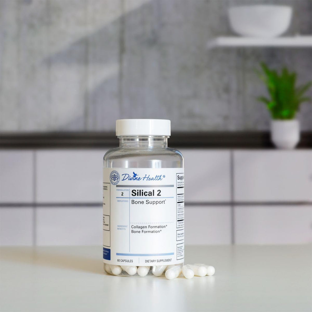 Close-up of Silical 2 capsules highlighting bone support and collagen potential