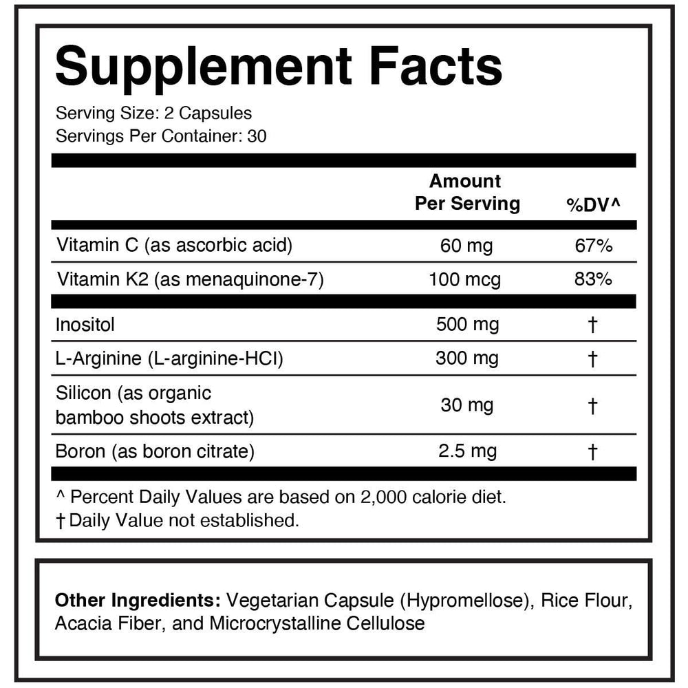 Silical 2 ingredients label showing organic silicon and boron for bone health