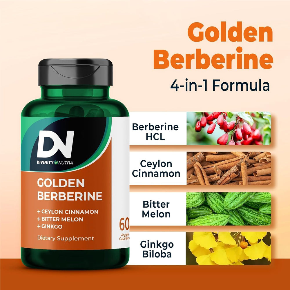 Divinity Nutra Golden Berberine capsules shown close-up for convenient daily use.
