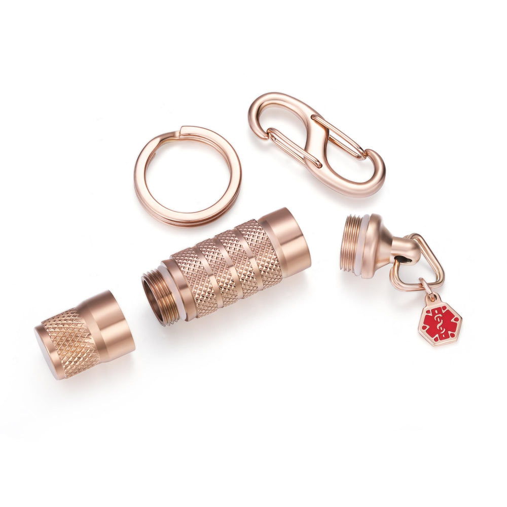 Divoti precision CNC pill fob in rose gold, close-up for secure daily carry.