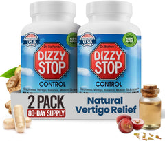 Dizzy Stop bottle-front: non-drowsy vertigo relief for travel and daily balance.