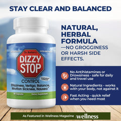 Dizzy Stop bottle-label closeup highlights ginger and grape seed ingredients.