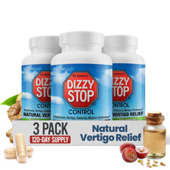 Dizzy Stop bottle label shows ginger-grape-seed formula for vertigo relief.