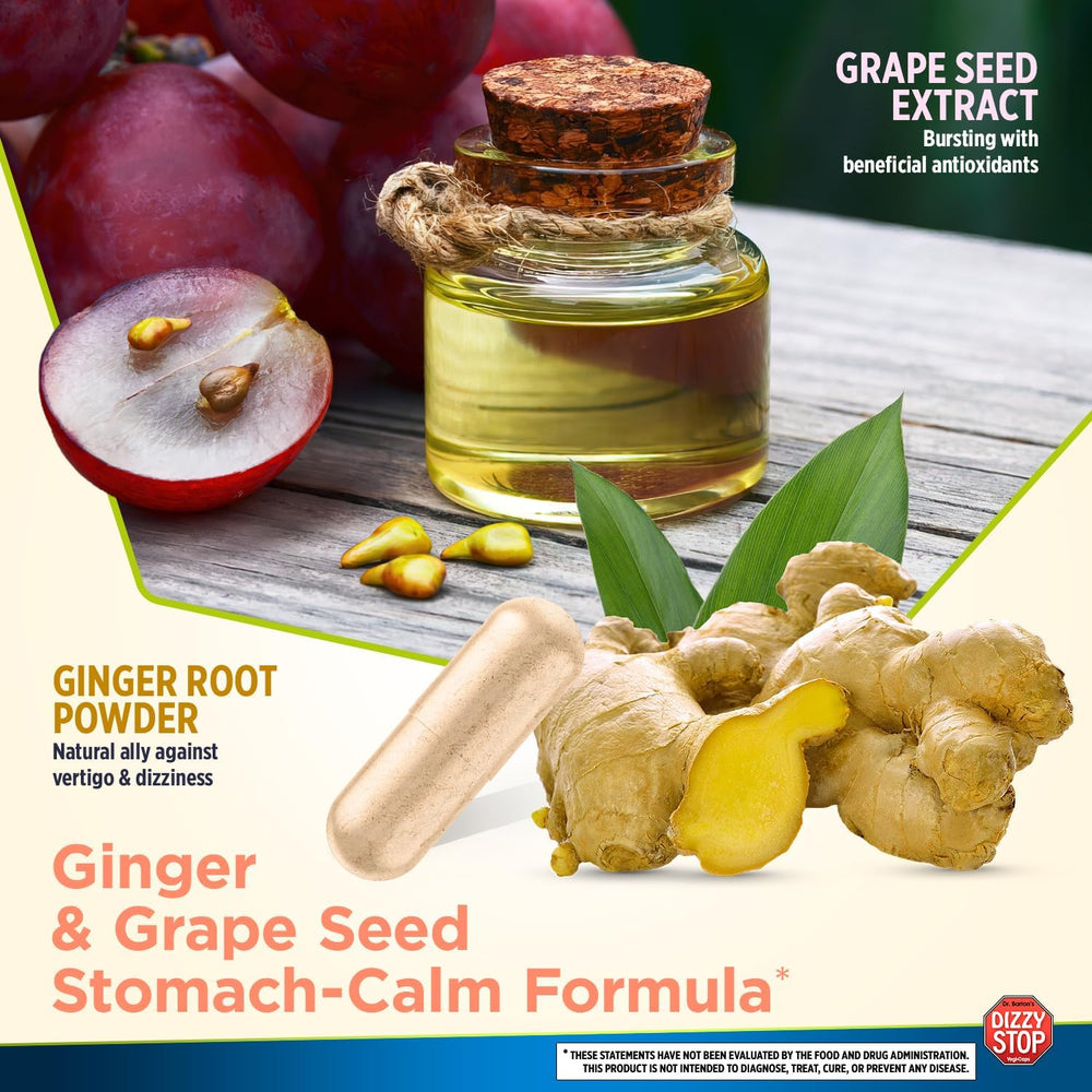 Dizzy Stop packaging highlights natural ingredients blend for balance.