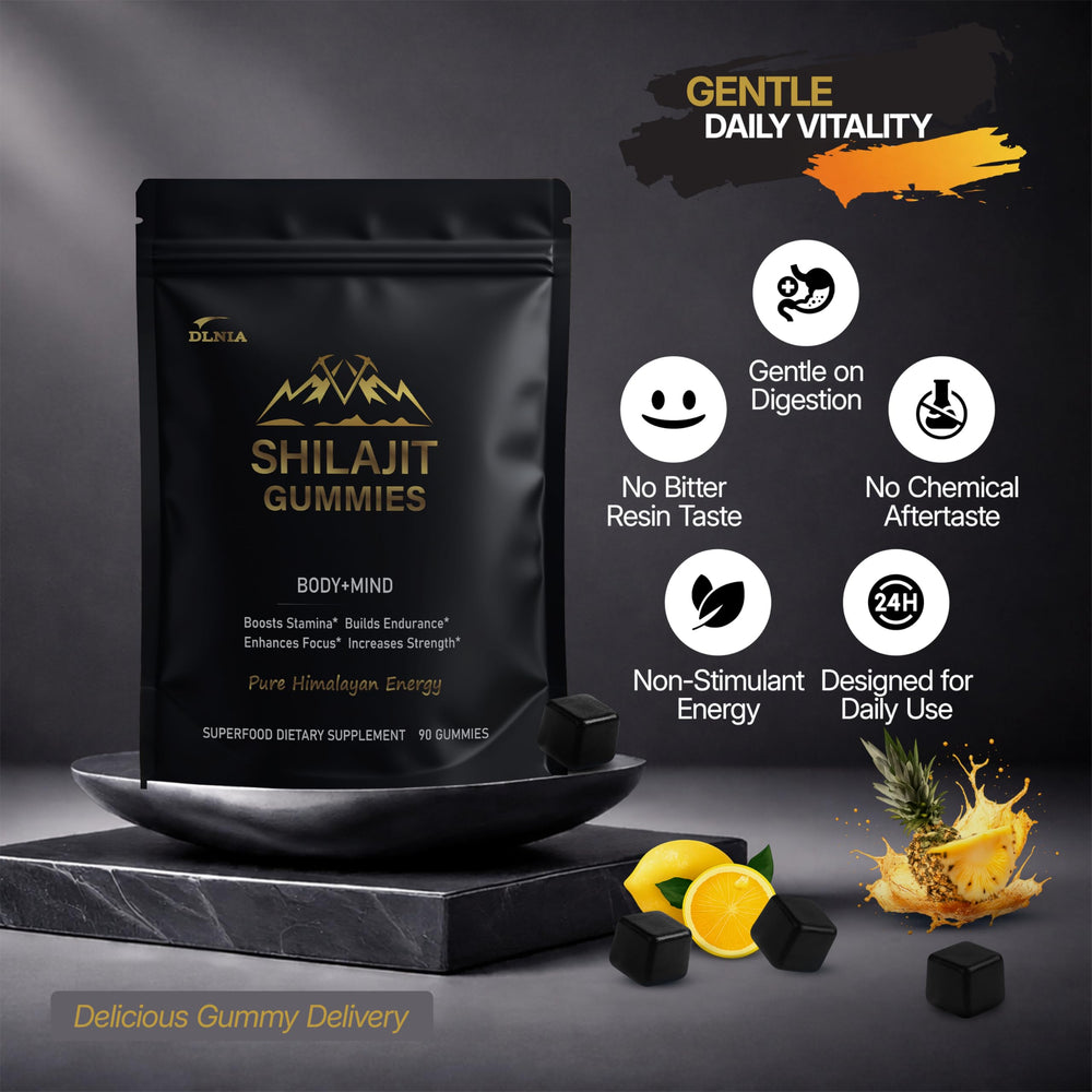 DLNIA gummies close-up highlights sugar-free vegan formula and texture.