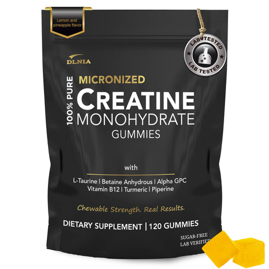 DLNIA creatine gummies blueberry bottle for convenient energy support before workouts.