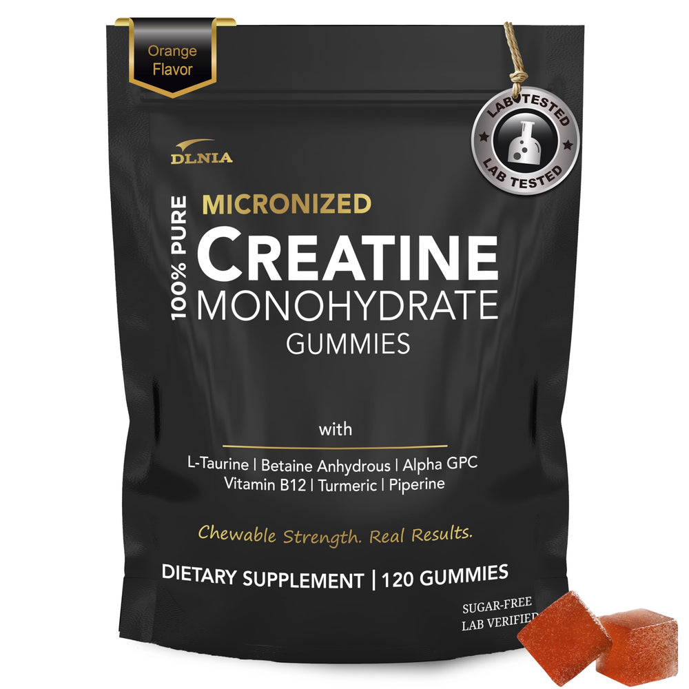 DLNIA Creatine Monohydrate Gummies orange bottle for convenient, sugar-free workout fueling.