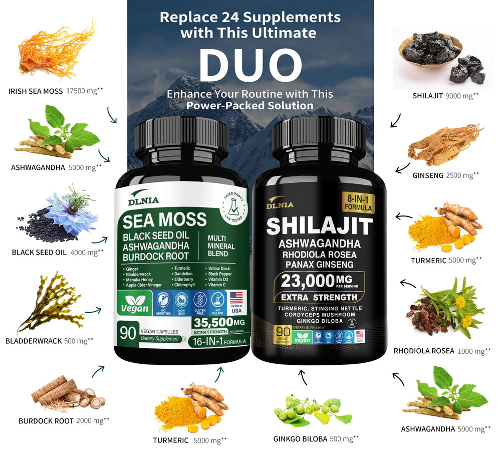 DLNIA Sea Moss bottle showcases 92 minerals and vitamins for wellness.