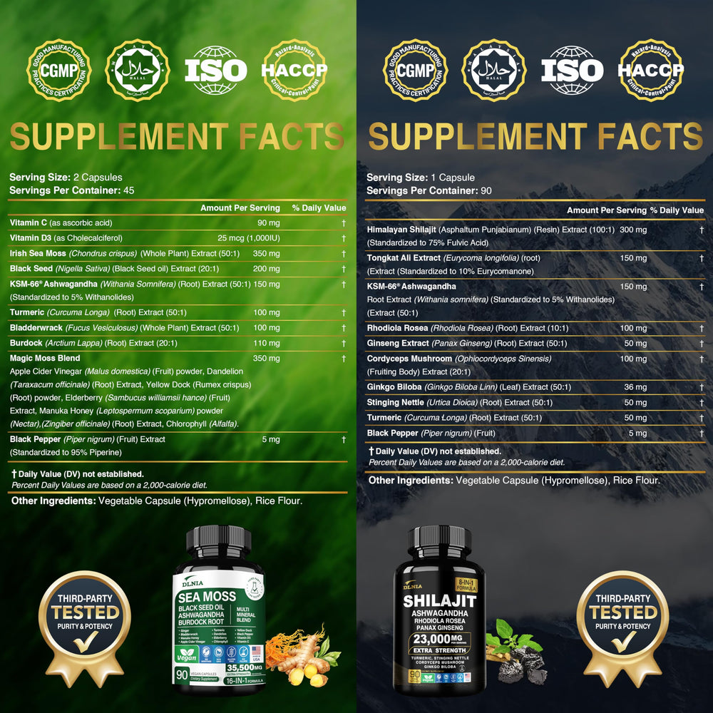 DLNIA Sea Moss & Shilajit label highlights 8-in-1 and 16-in-1 formulas.