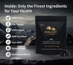 DLNIA Shilajit Gummies with Ashwagandha infusion close-up highlighting stress support potential.