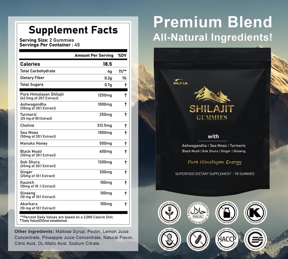 DLNIA Shilajit Gummies bottle label close-up emphasizing purity and organic minerals.