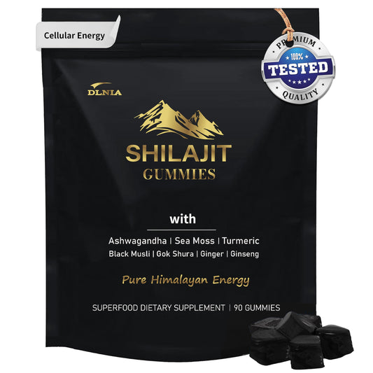 DLNIA Shilajit Gummies jar front highlighting vegan, sugar-free energy support.