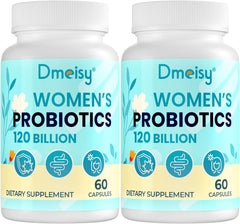 Dmeisy 120-billion CFU probiotic bottle highlighting gut balance and menopause comfort