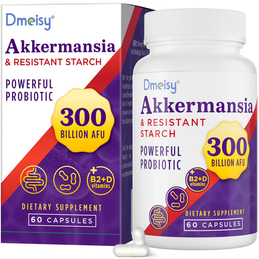 Dmeisy Akkermansia bottle with capsules supporting daily gut health.