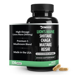 DMoose Fitness Lions Mane Mushroom Complex bottle shows 5-in-1 brain and immune support