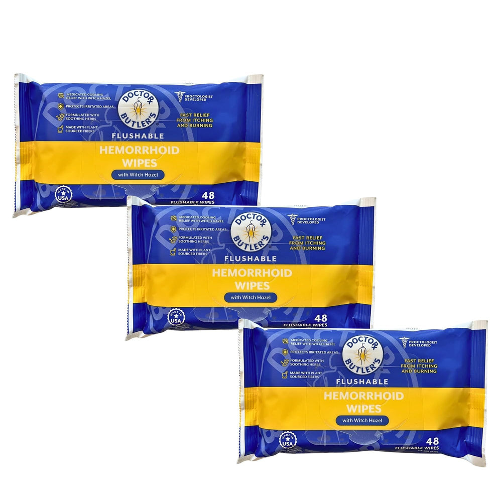 Doctor Butler's flushable hemorrhoid wipes pack-3 for soothing cleansing after bathroom visits.