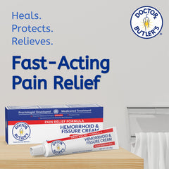 Doctor Butler's hemorrhoid cream tube closeup showing lidocaine action.
