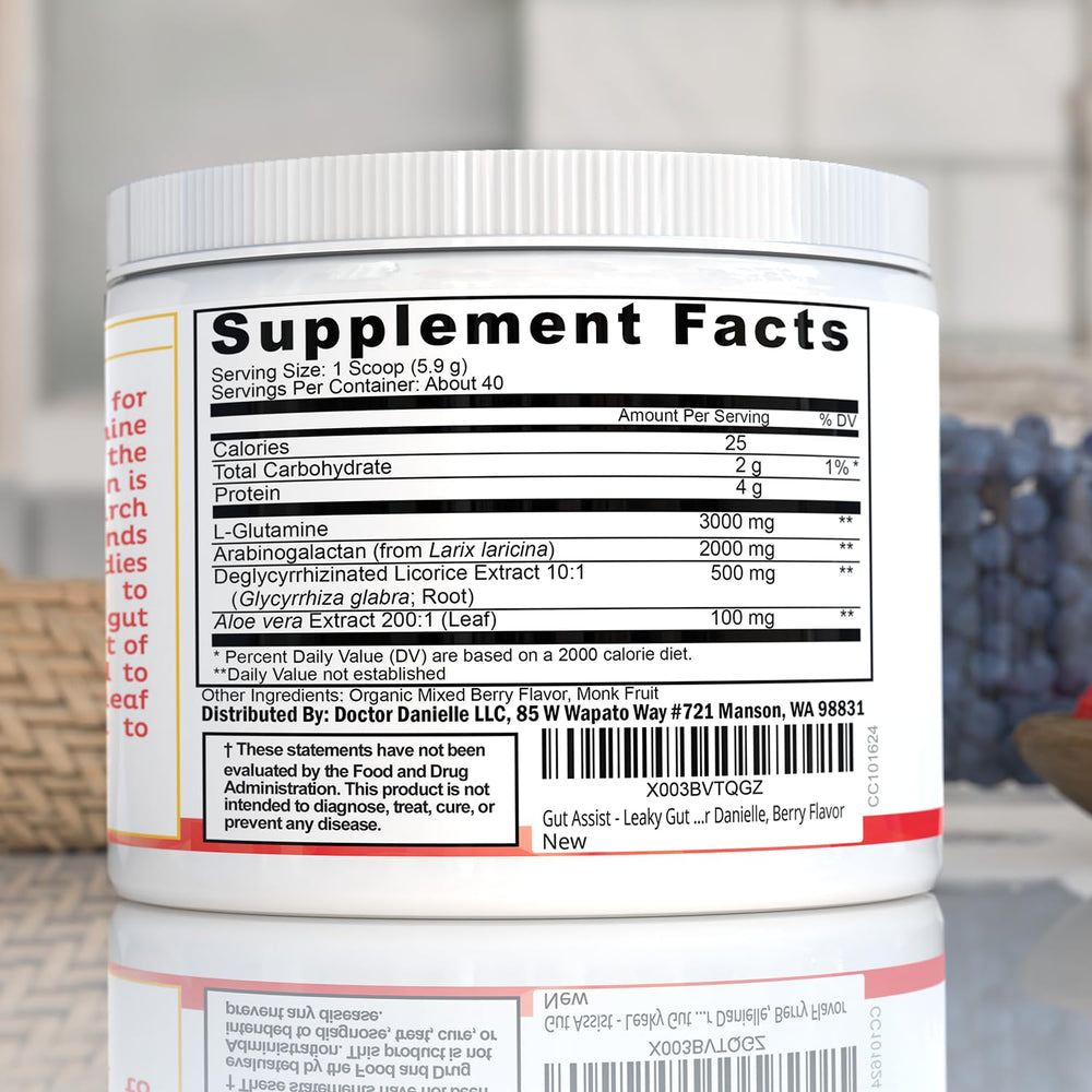 Doctor Danielle L-Glutamine gut lining formula label highlights support for a healthier gut lining
