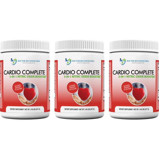 Cardio Complete tub front from Doctor Recommended Supplements showing berry flavor for daily use.