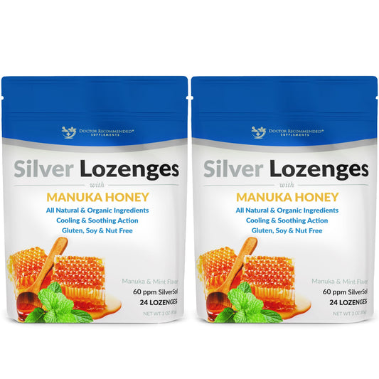 Doctor Recommended Supplements silver lozenges bottle with Manuka honey flavor and cooling mint