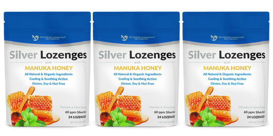 Doctor Recommended Supplements silver lozenges packaging close-up for convenient on-the-go use.