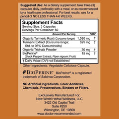 Doctor Recommended Supplements turmeric-curcumin label close-up, featuring 95% curcuminoids.