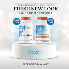 Close-up of Doctor's Best Artemisinin capsules highlighting vegan, gluten-free formula.