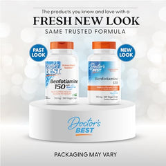 Doctor's Best Benfotiamine 150 mg bottle label close-up highlighting vegan, non-GMO features