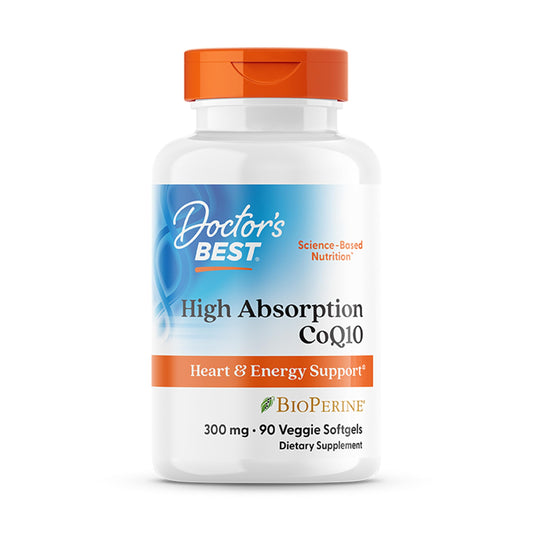 Doctor's Best CoQ10 high-absorption bottle with softgels for heart support and energy.