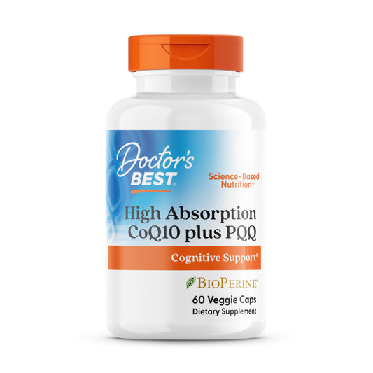 Doctor's Best CoQ10 with PQQ bottle shows high absorption formula for energy support.