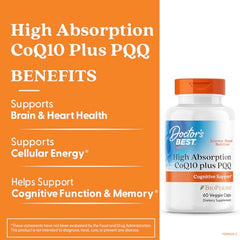 Doctor's Best CoQ10 and PQQ capsules arranged for daily cardiovascular wellness.