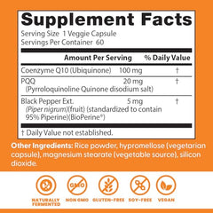 Close-up of CoQ10 and PQQ label highlighting vegan, non-GMO ingredients.