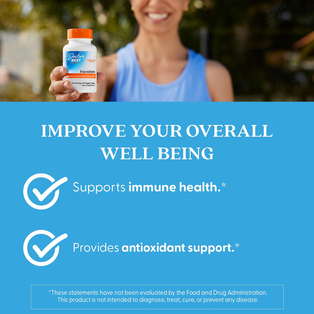 Doctors Best Fucoidan ingredients panel indicating fucoidan content and antioxidant potential.